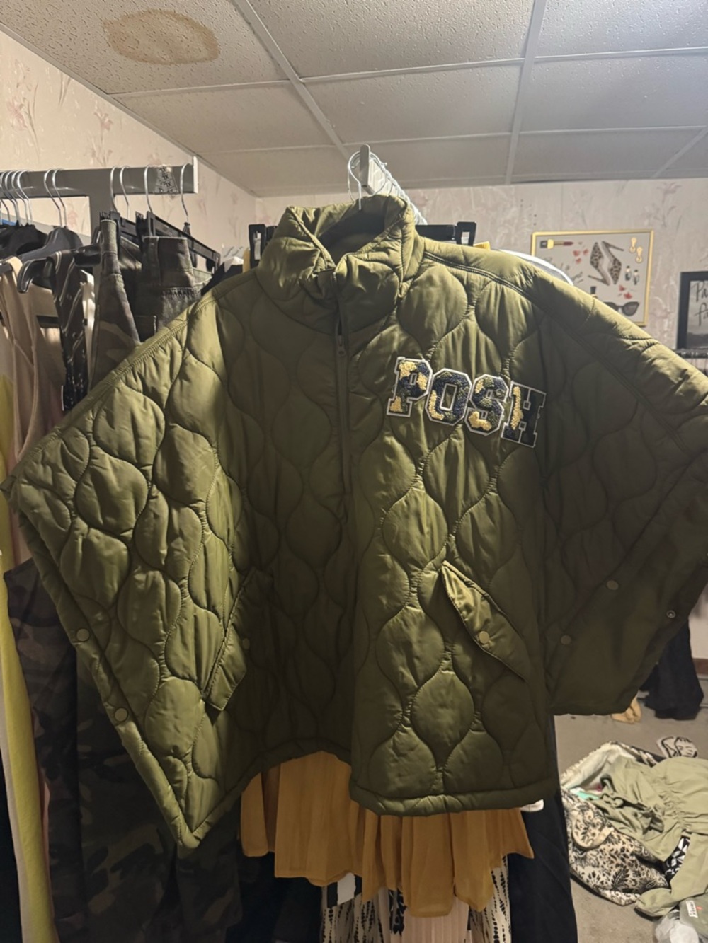 Loose Stand Collar Quilted Jacket Short Sleeve Cloak Coat